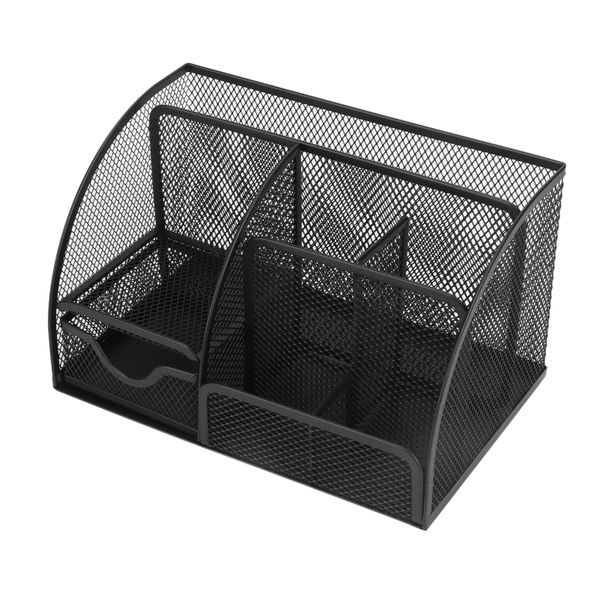 Desktop Mesh Pen Holder with 7 Compartments, Black Iron Multifunction Organ