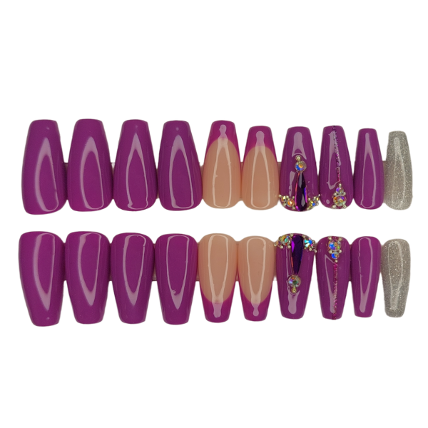 Luxury Press On Nails - Medium Coffin Purple &amp; Gems Set - 20 Piece