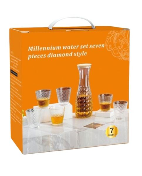 Transparent Diamond Style 6 Glass Cup Water Set With 1000ml Bottle -7 Piece