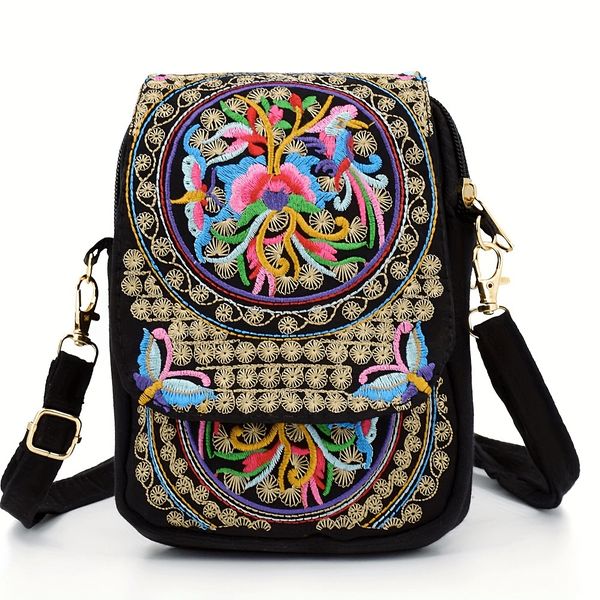 Women's Embroidered Mini Shoulder Bag with Detachable Strap - Floral