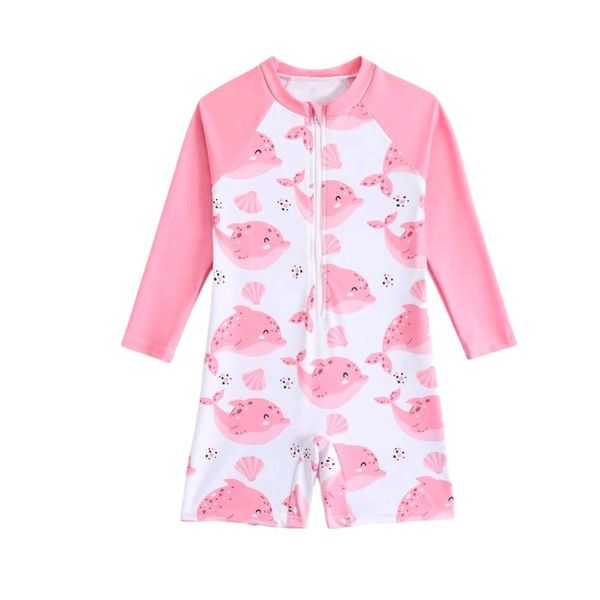 Long Sleeve With Zipper Girls Swimsuit - Pink Whale Print
