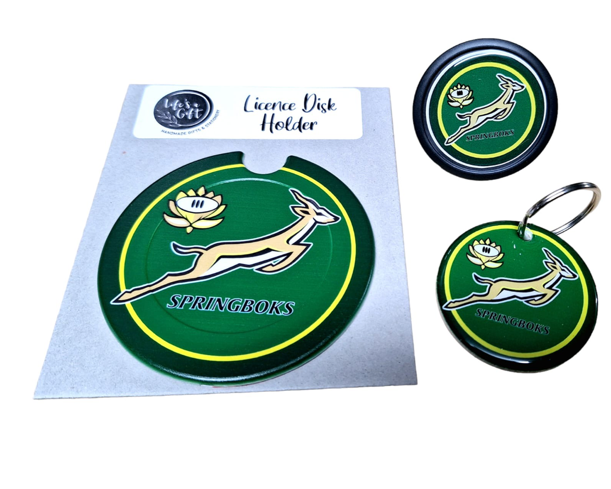Green Licence Disk Holder, Keyring & Car Air Freshener Springboks