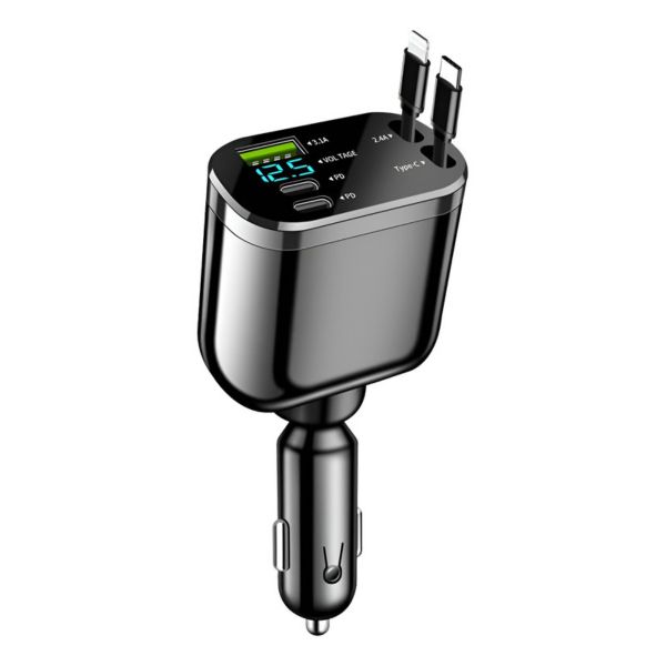 5-in-1 Retractable Car Charger 360 Swivel Fast PD Charging Voltage Display