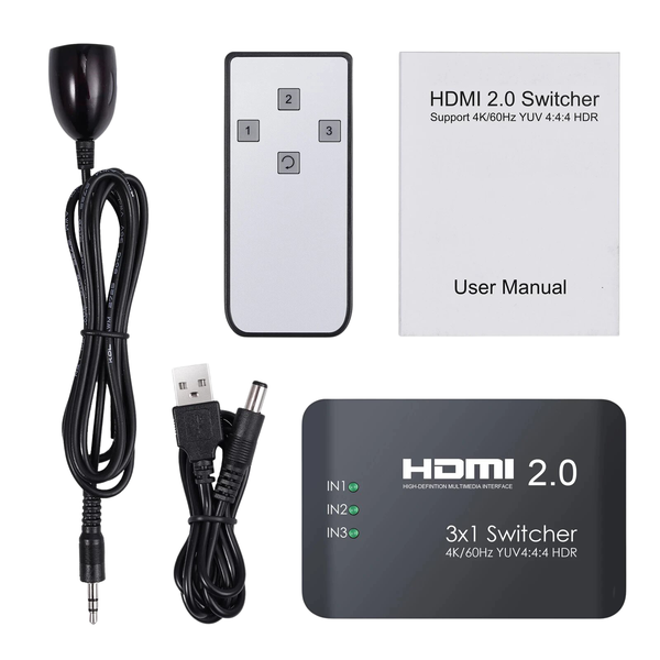 3-In-1 HDMI 2.0 Switcher With IR Remote Control