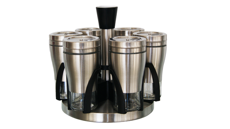 Glass Spice Jars in Stainless Steel Jacket &amp; Rotating Spice Rack -6 Piece