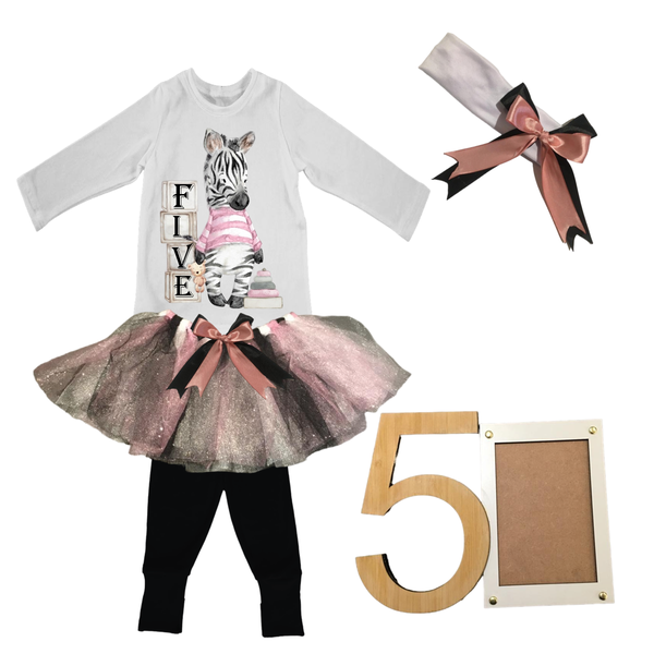 5th Birthday- Pink Zebra Tutu With Headband And Photo Frame