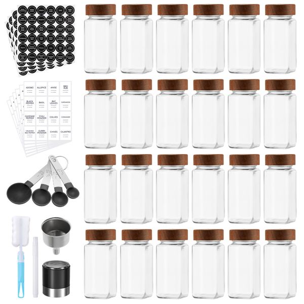 Chenshia Walnut Lid Spice Jar 24pc Containers Set-Labels,Grinder&amp;Pen Funnel