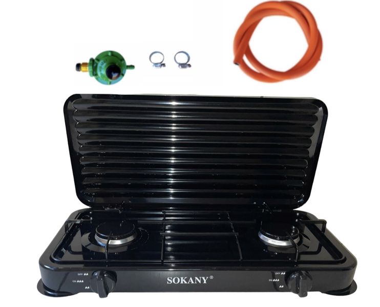 Sokany - Black - 2 Plate Gas Stove with Cover + Regulator Set