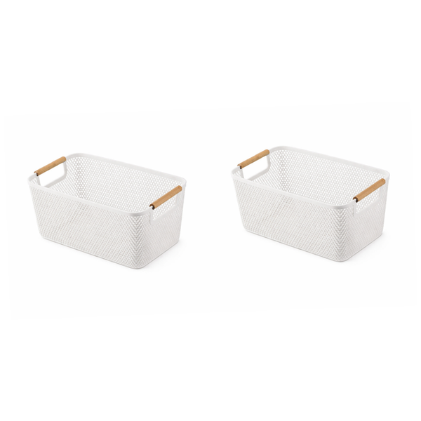 2 Pack - Hollow Plastic Storage Basket With Wooden Handles - Black