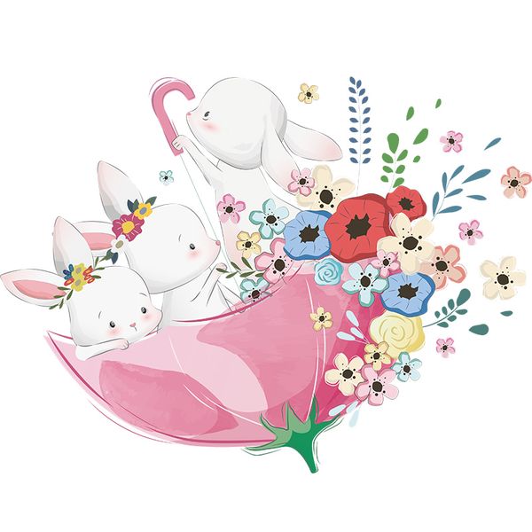 Bunnies with Floating Umbrella Vinyl Art Sticker for Wall Decoration
