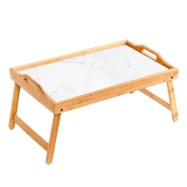 Bamboo Bedside Foldable Tray with White Marble Print, for Home &amp; Office