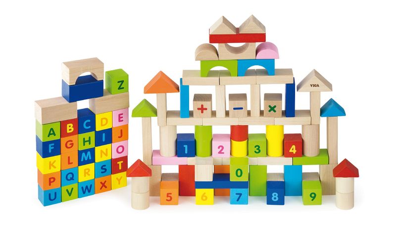 VIGA Wooden Block Set- 100 Pieces (Alphabet &amp; Numbers)