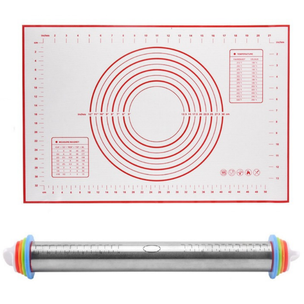 Adjustable Stainless Steel Rolling Pin with Silicone Baking Pastry Mat