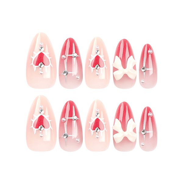 Three-Dimensional Bow Wearable Nails-Red Heart Gradient Nail Art