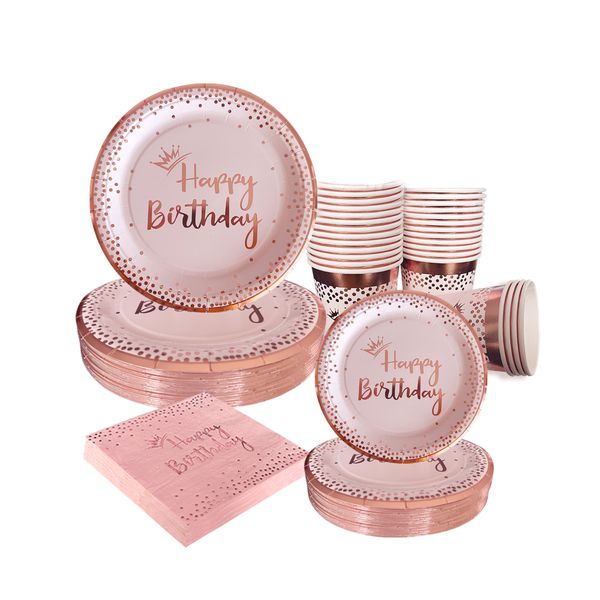 Birthday Paper Plates, Cups and Napkin Set - Rose Gold/Pink - 50 Piece Set