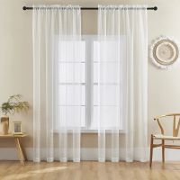 Cream-White Sheer Plain Living Room Pocket Voile Curtains