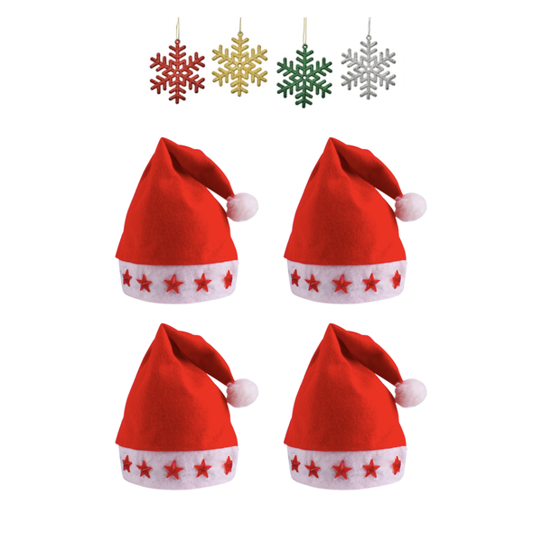 4 Pack Christmas Hats with Embroidered Stars and 4 Snowflake Decorations