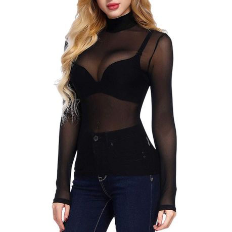 Sexy Women's Lace Crop Top Long Sleeve Cropped T-Shirt See-Through
