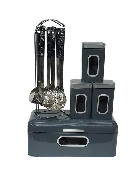 Dream World Bread Bin &amp; Cannister Set With 6 Piece Kitchen Utensils - White