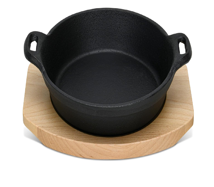 Cast Iron Sizzling Plate with Wooden Tray - 20cm Grill with Side Handles