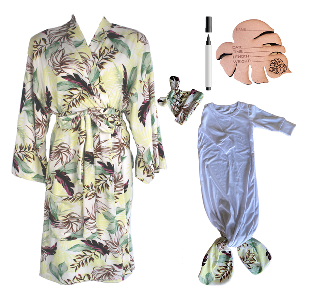 Hospital Set-Mom&amp;Me-Summer-Gown, Babygrow Set &amp; Birth Ann - Green Leaves
