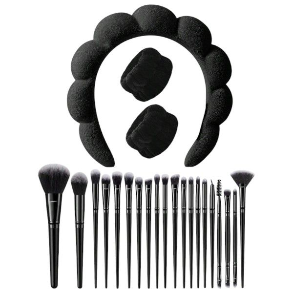 20 Piece Makeup Brush Set With Plush Headband &amp; Wristbands - Black