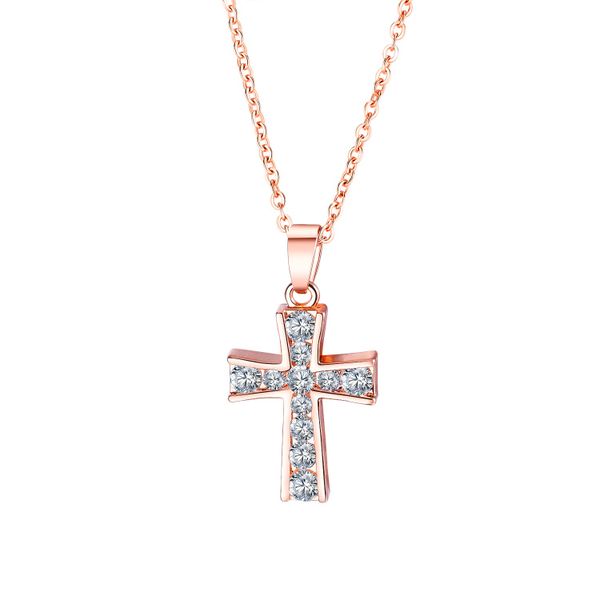 Ladies Rose Gold Vintage Sparkling Cross Necklace (NL-KX451)