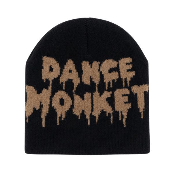 Black "Dance Monket" Knitted Beanie - Brown Dripping Graphic Winter Hat