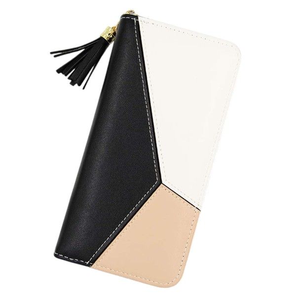 Geometric Colorblock Wristlet Wallet - Beige, Black &amp; Camel Trim