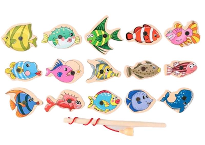 15 Piece Fishing Toy, Magnetic Fishing Game, Wooden Fishing Game
