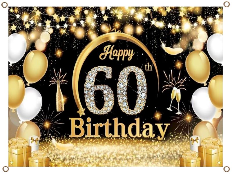 Happy 60th Birthday Banner PVC Gold and Black 1.3MX900MM