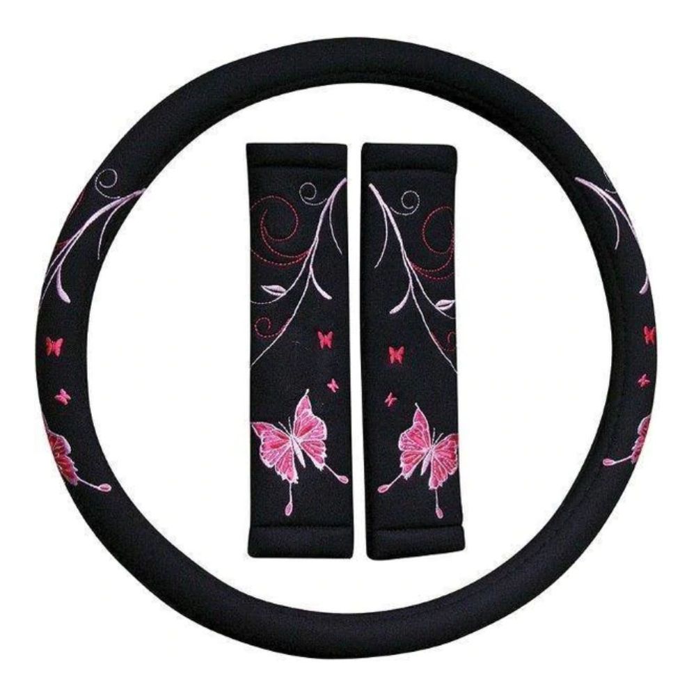 Auto Gear Steering Wheel Cover & Seat Belt Comforter Butterfly