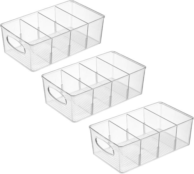 3Pcs Plastic Pantry Organizer &amp; Storage Bin with 12 Dividers - Clear.