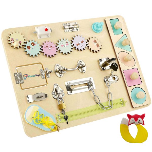 FocusToys Wooden Montessori Busy Board Toy for Toddlers with Extra Rattle