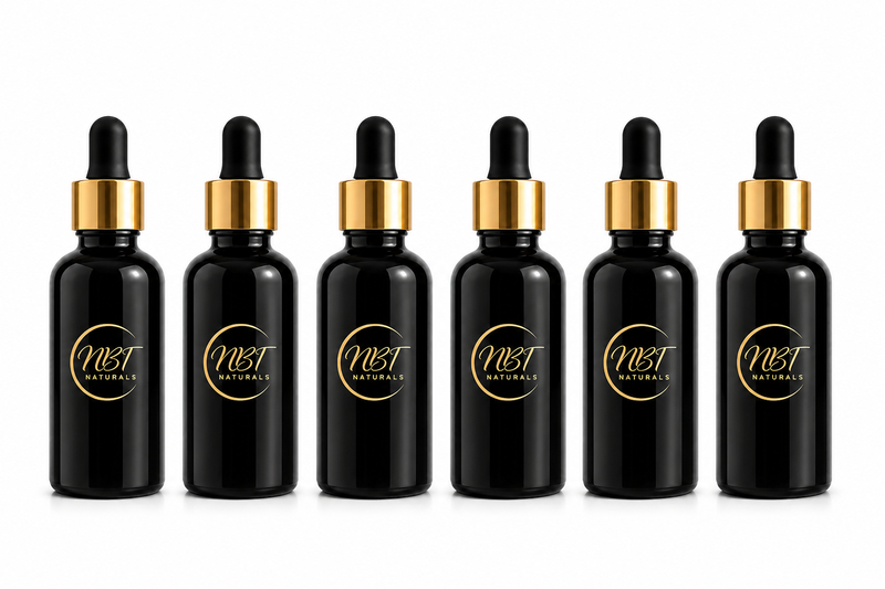 NBT Naturals-100ml Glass Bottle &amp; Black &amp; Gold Pipette -18mm-Black- 6 Pack