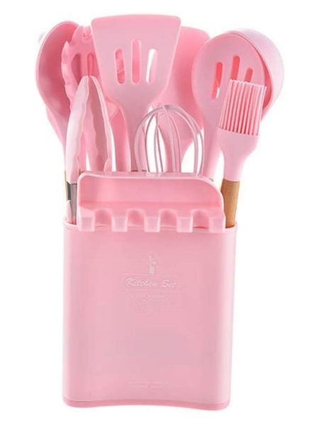 13 Piece Silicone Non-Stick Kitchen Cooking Utensils With Holder - Pink