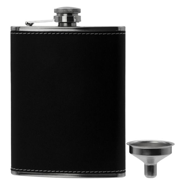 Bar Butler Hip Flask St Steel with Black Leatherette Cover &amp; Funnel 250ml