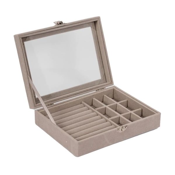 Home Glass Lid Flannel Storage Jewelry Box With Lid - 3 Grids Ice Grey