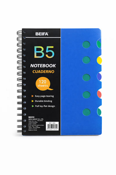 BEIFA B5 Spiral Notebook with 5 Subject Dividers - 120 Sheets-5 x Notebooks