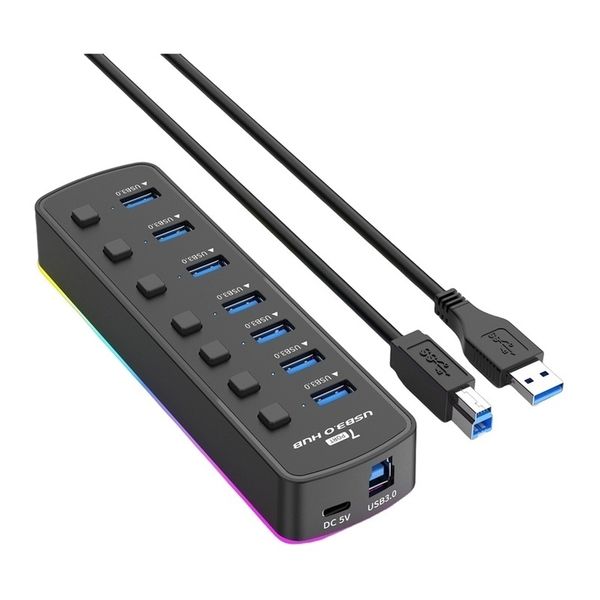 7-Port RGB USB 3.0 Hub with Individual Switches, Compatible with Laptop PC