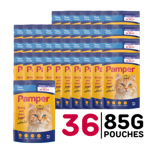 Pamper Senior Wet Cat Food Tuna in Jelly Flavour (36 x 85g) Sachets