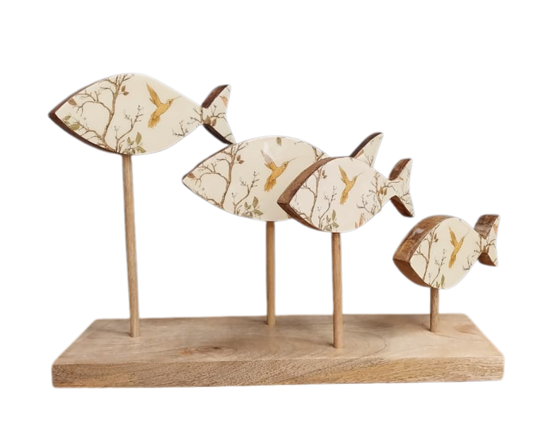 Hand Crafted Wooden Fish Statuettes on Wooden Base-Assorted Colours
