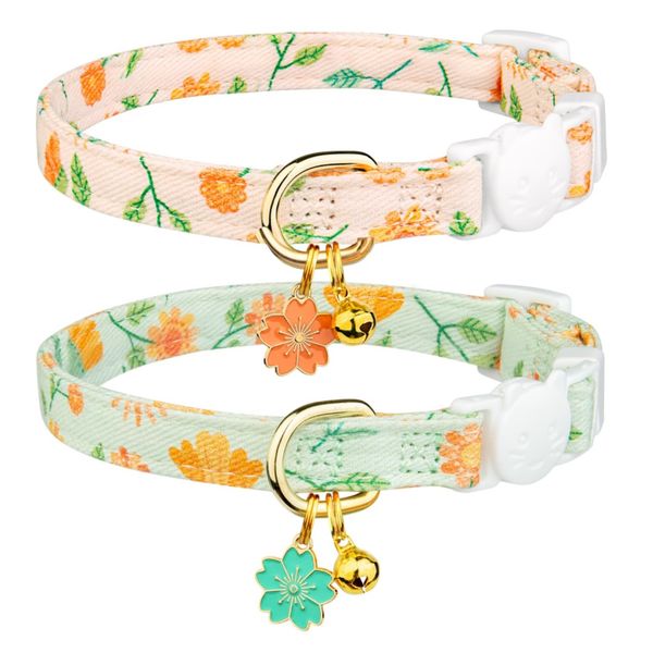 2 Pack Floral Cotton Breakaway Cat Collars with Bell, Adjustable Size