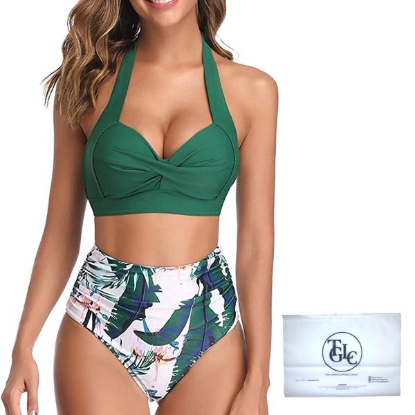 The Great Looking Crowd Tropical Leaf Print High Waist Bikini Set | Two Piece + Zipper Pouch