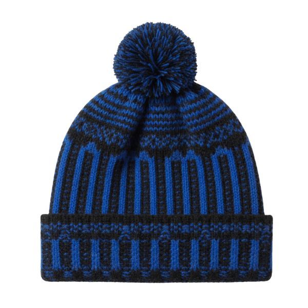 Black &amp; Red Striped Patterned Knitted Beanie with Pom Pom - Winter Hat