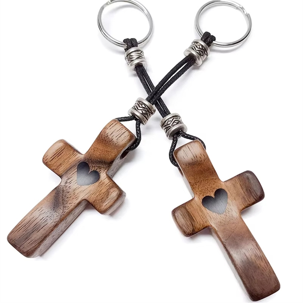 2Pcs Walnut Wood CrossKeychain Handheld Wooden KeyChain