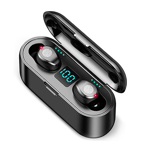F9 - 2 Black Wireless Bluetooth Earbuds with Touch Control, Noise Cancelling &amp; Charging Case for Sports and Work