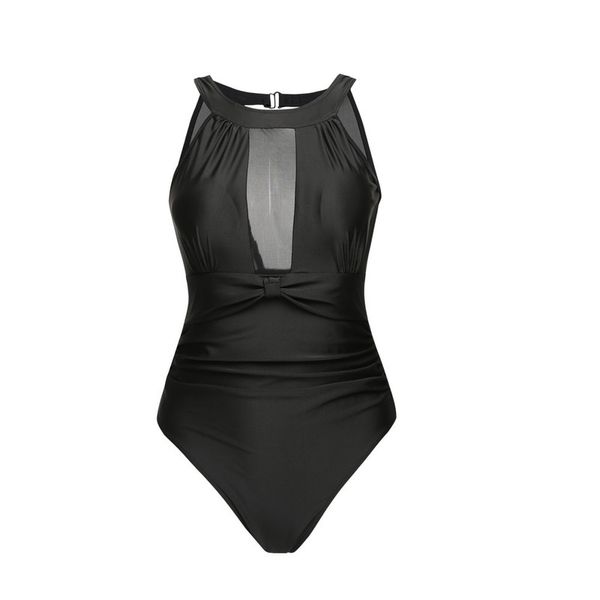 Olive Tree - Ladies Mesh High Neck One Piece Tummy Control Swimsuit - Black