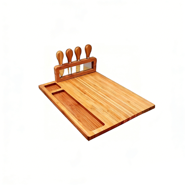 Bamboo Cheese Board Set, Equipped With 4 Stainless Steel Cheese Knives