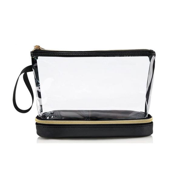 Clear Cosmetic Bag, Dual Layer Makeup Bag, Travel Toiletry Bag - Black